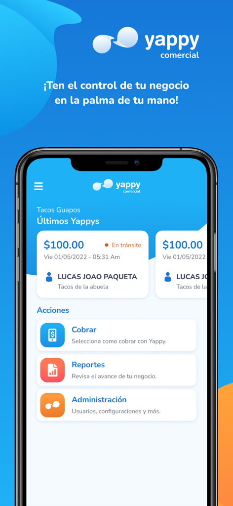 Yappy Comercial - Yappy Comercial app home screen showing business transactions and payment options.