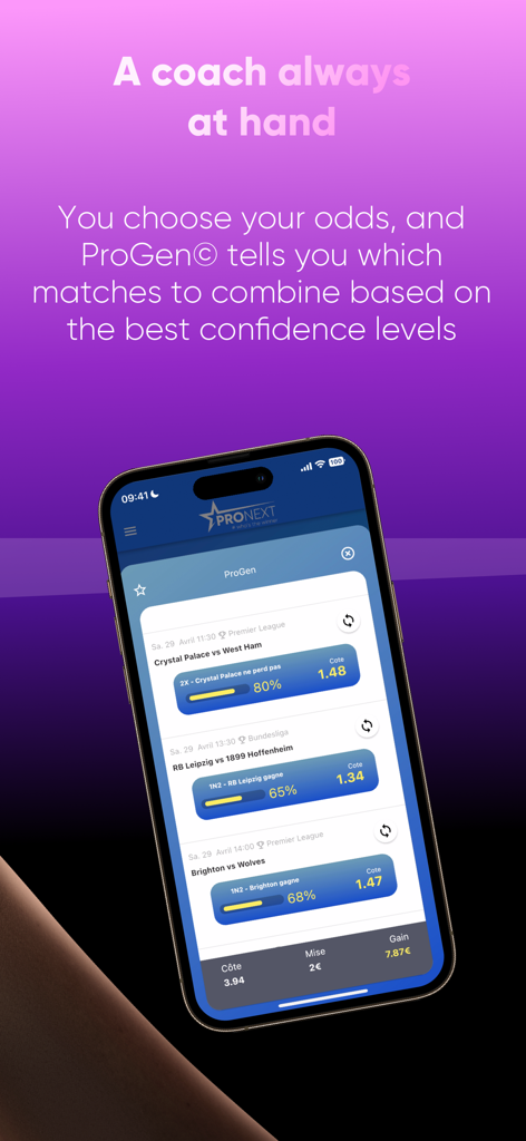 Pronext - Pronext App-Bildschirm mit dem ProGen KI-Wetttool für Fußballspielvorhersagen und Quoten.