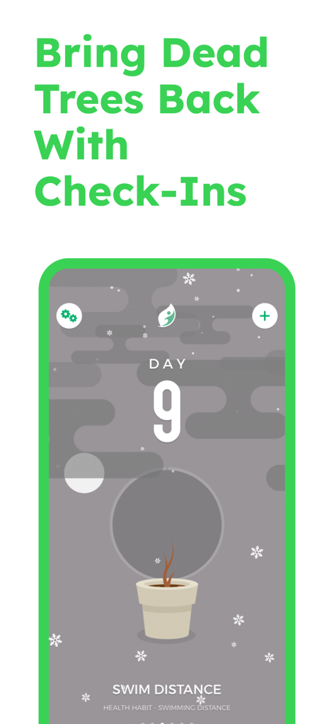 SEEDS - Habit Tracker - A mobile app interface showing a wilted plant and a day nine streak for a swimming habit