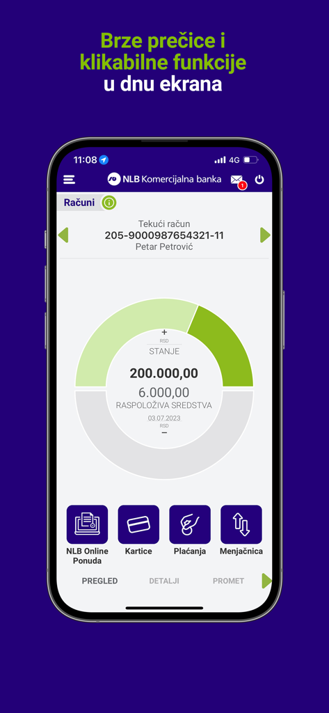 Mobile app interface of NLB mKlik Srbija showing account balance and banking shortcuts