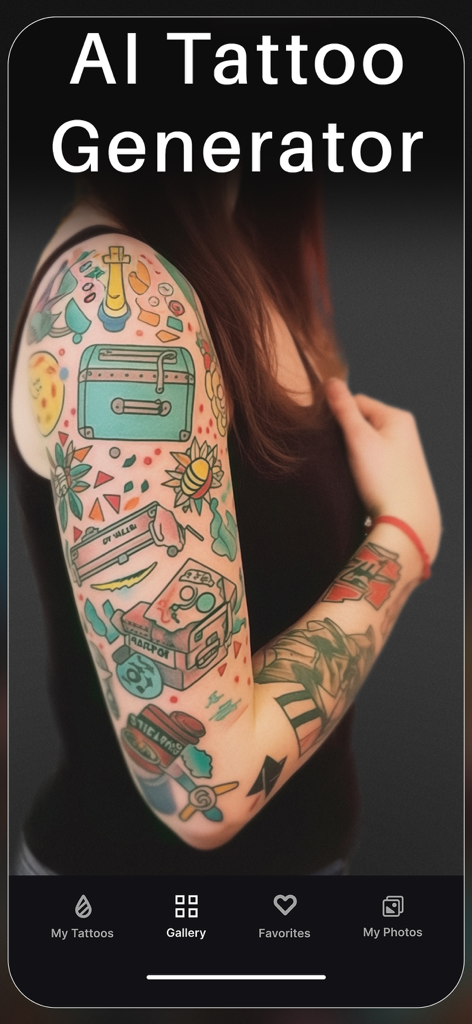 InkHunter app screen showing AI tattoo generator with colorful arm tattoos