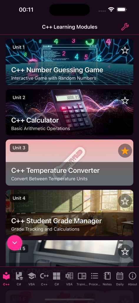 MSDev Academy - MSDev Academy App-Oberfläche, die C Plus Plus-Lernmodule zeigt, darunter ein Zahlenratespiel-Rechner und ein Temperaturkonverter