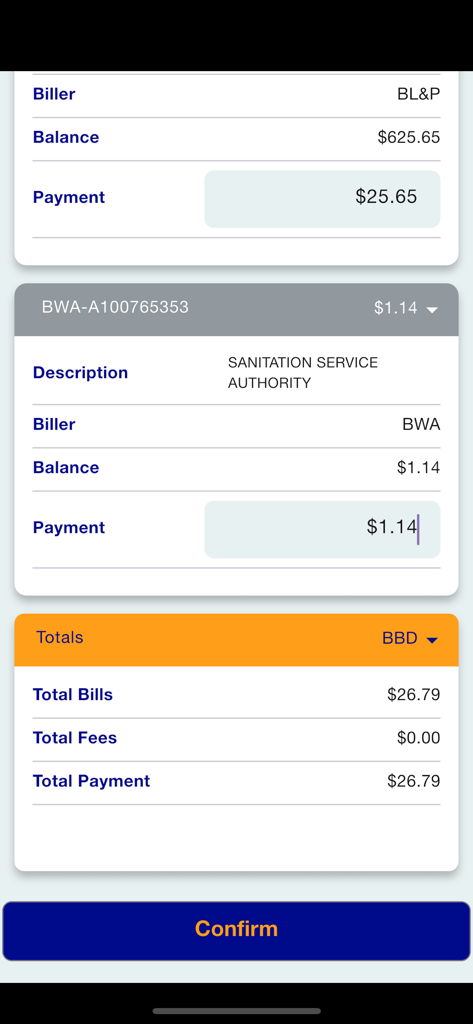A bill payment confirmation screen in the SurePay Mobile app showing a summary of totals.