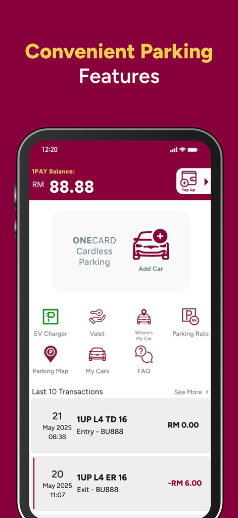 1 Utama SuperApp - Interface of 1 Utama SuperApp showing convenient parking management features including cardless parking and vehicle registration.