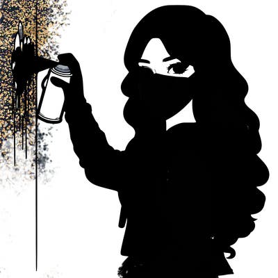 realistic girl with mask spray painting a wall