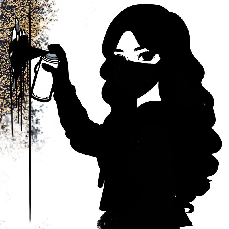 realistic girl with mask spray painting a wall