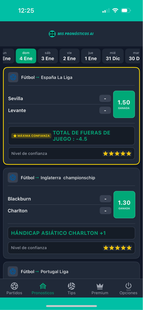 Mis Pronósticos AI - Interfaz de predicción deportiva que muestra análisis de partidos de fútbol y niveles de confianza de IA para partidos de La Liga y Championship.