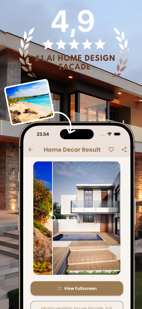 AI Home Design Landscape - AI Home Design Landscape app interface displaying a photo-realistic modern house facade makeover with a before and after slider