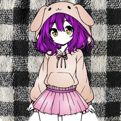 pretty anime girl wearing a fluffy hoodie with bunny ears on the hood and a skirt