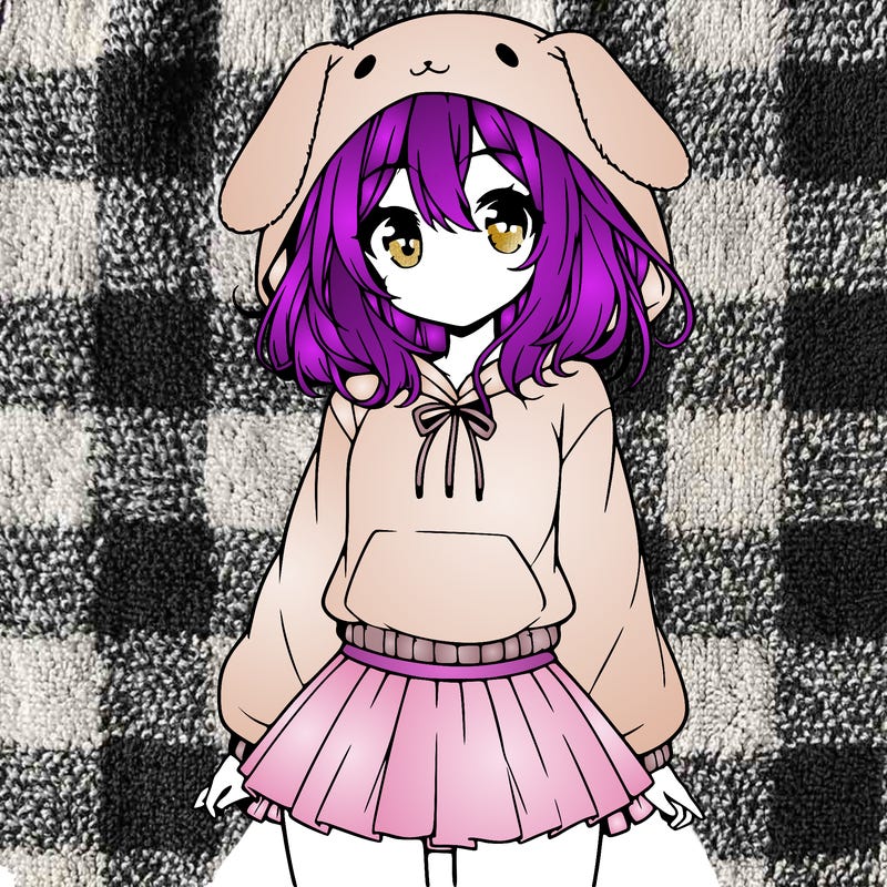 pretty anime girl wearing a fluffy hoodie with bunny ears on the hood and a skirt