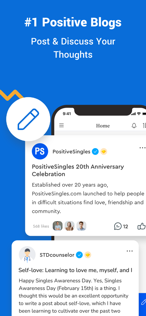 Interface of the PositiveSingles app showing a blog feed with community posts and discussions.