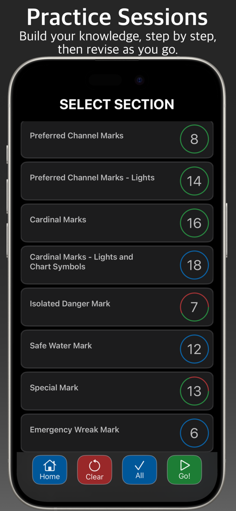 Master-Nav app screenshot showing the Practice Sessions selection menu with different maritime buoy categories like Cardinal Marks and Safe Water Marks.