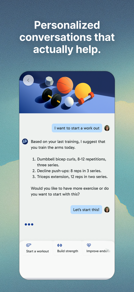 Ela - Your AI Companion - Chat interface showing Ela AI companion providing a personalized arm workout routine