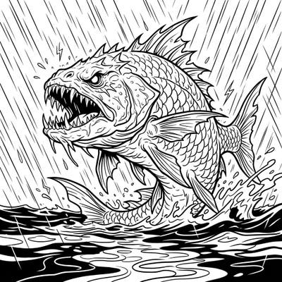 Unleash your inner artist with this thrilling coloring page featuring a gargantuan fish battling a stormy rainy day. Perfect for those who love powerful creatures and dramatic weather scenes, this design offers an exciting challenge.