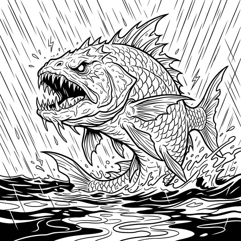 Unleash your inner artist with this thrilling coloring page featuring a gargantuan fish battling a stormy rainy day. Perfect for those who love powerful creatures and dramatic weather scenes, this design offers an exciting challenge.
