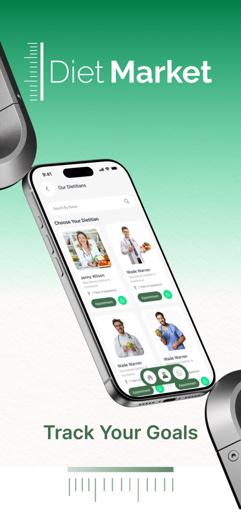 Diet Market | دايت ماركت - Diet Market mobile app showing a list of professional dietitians and the slogan Track Your Goals