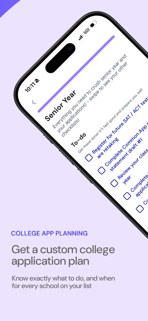 Loper app interface displaying a custom college application to-do list for high school seniors