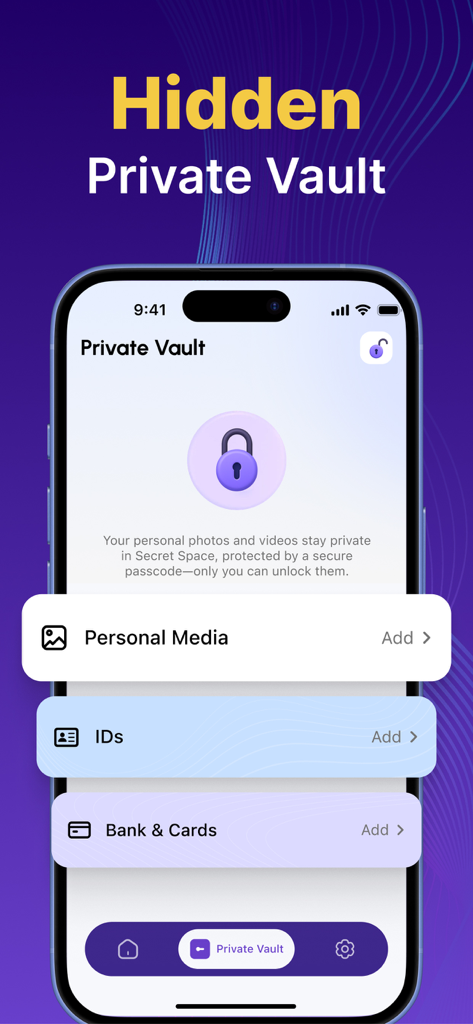 AI Defender - Phone Cleaner - AI Defender app interface showing the hidden private vault for securing personal media and documents