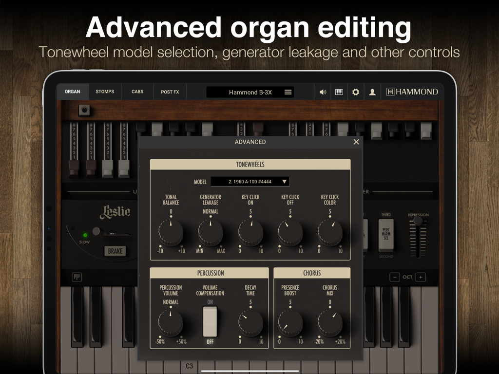 Interfaz de edición avanzada de la aplicación Hammond B-3X para iPad que muestra controles de tonewheel y percusión.
