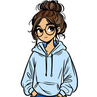 teen girl with a messy bun and glasses wearing a loose hoodie and jeans