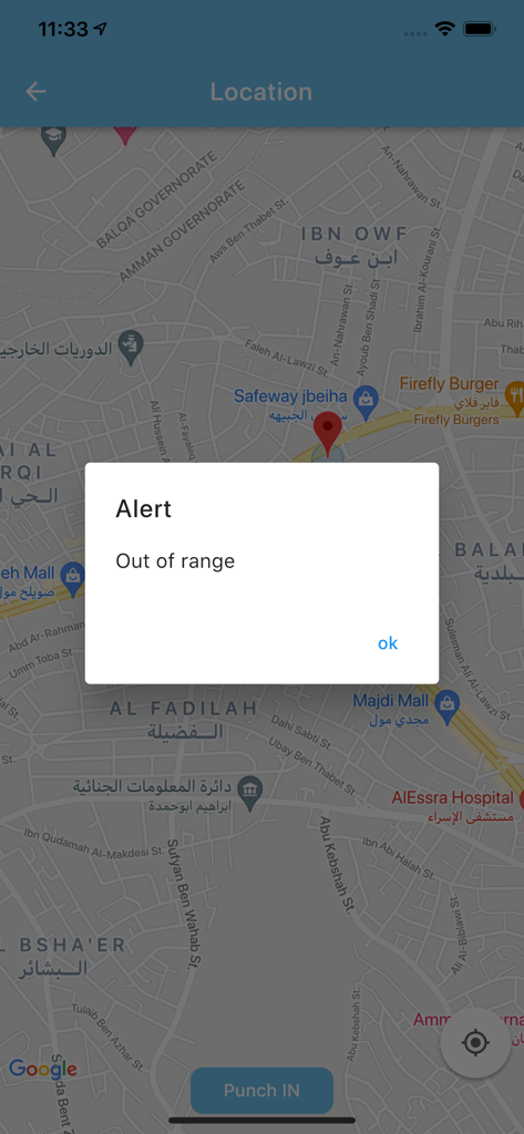LenvoHR - LenvoHR app screen showing a map with an out of range alert message for attendance punch in.
