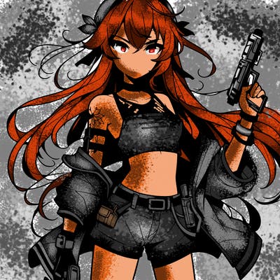 bad girl wearing crop top holding a gun long hair anime