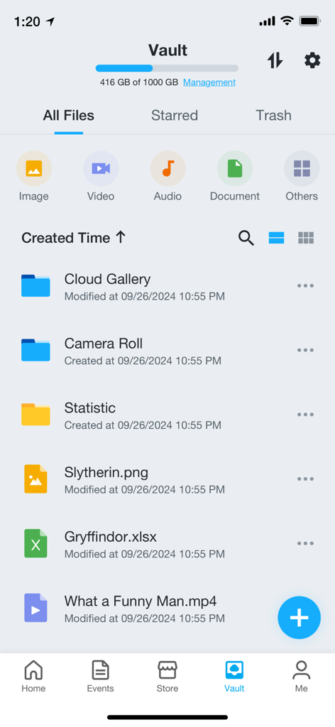 Zmodo - Zmodo app Vault screen showing cloud storage files and folders