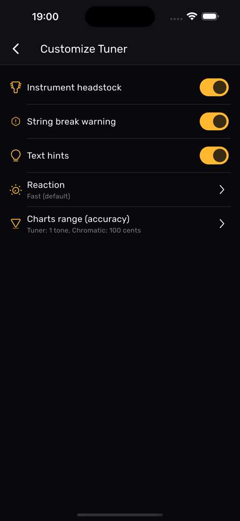 Settings screen of the XTuner PRO app showing string break warning and tuning accuracy options