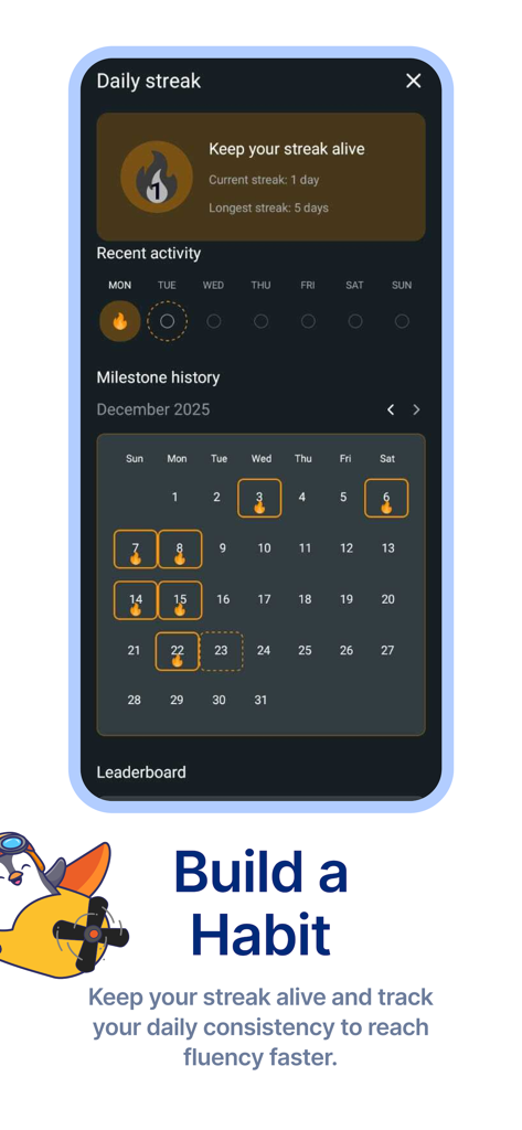 SpeakDuo - SpeakDuo app screen showing a daily streak calendar to build English learning habits