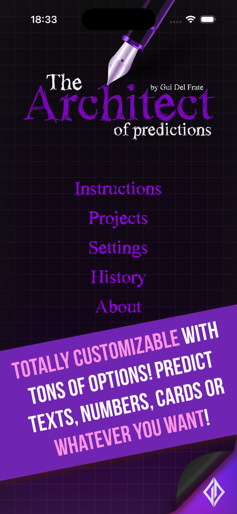Main menu of The Architect of Predictions magic app showing options for projects and settings with a banner highlighting customizable predictions