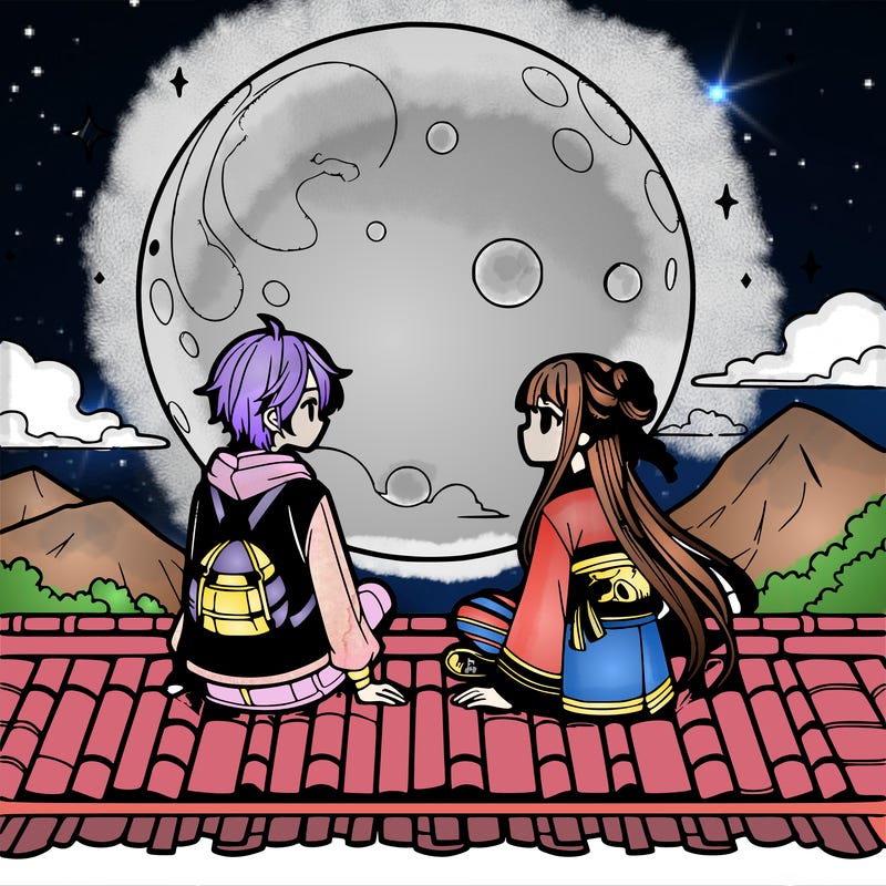 an anime girl sitting on a roof with her best friend looking at the beautiful big moon