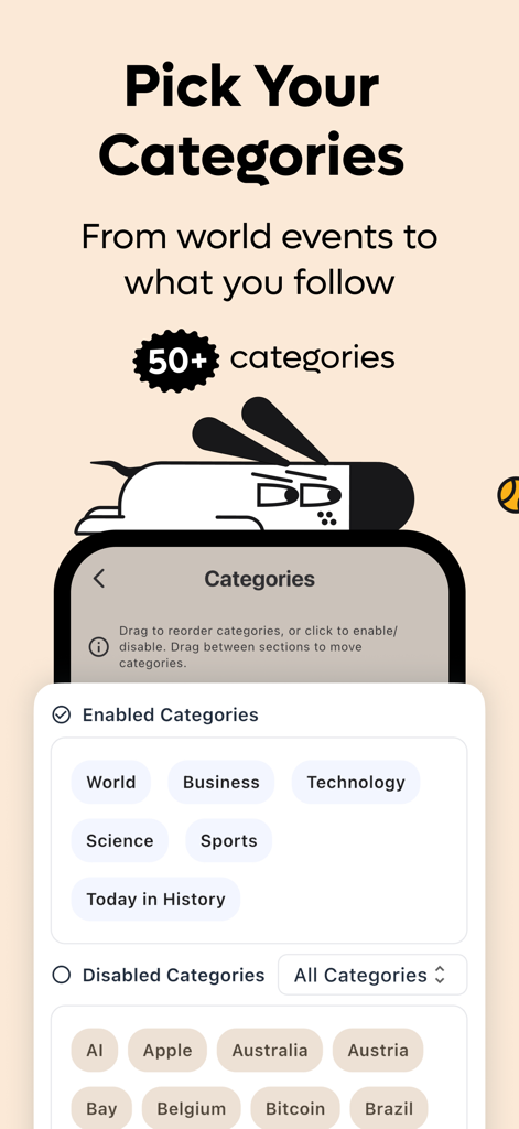 Interface of Kagi News app showing category selection screen with options for world business and technology
