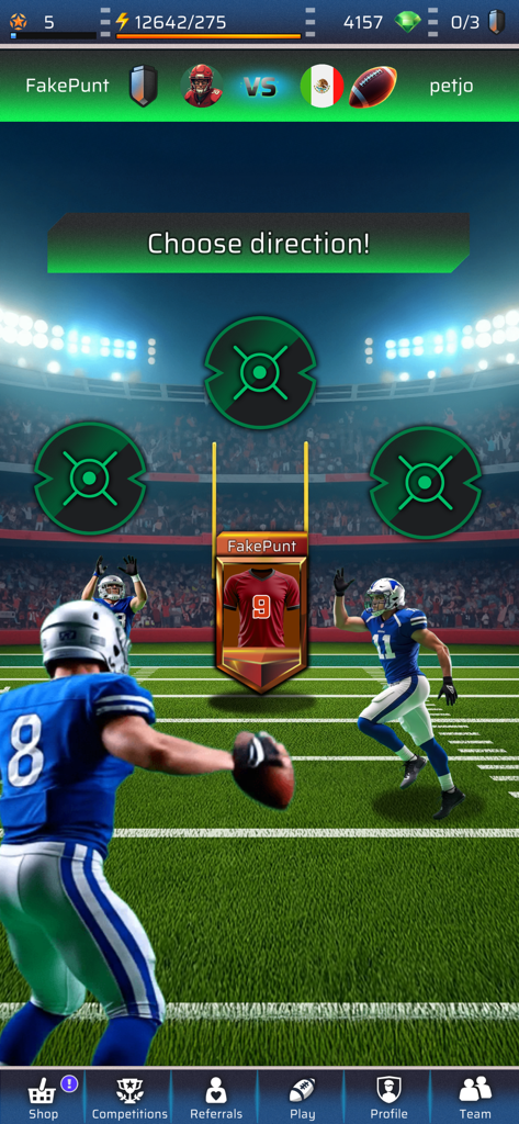 Touchdown - Football PvP Game - Gameplay screen of Touchdown Football PvP showing an American football player preparing to pass the ball with interactive direction targets
