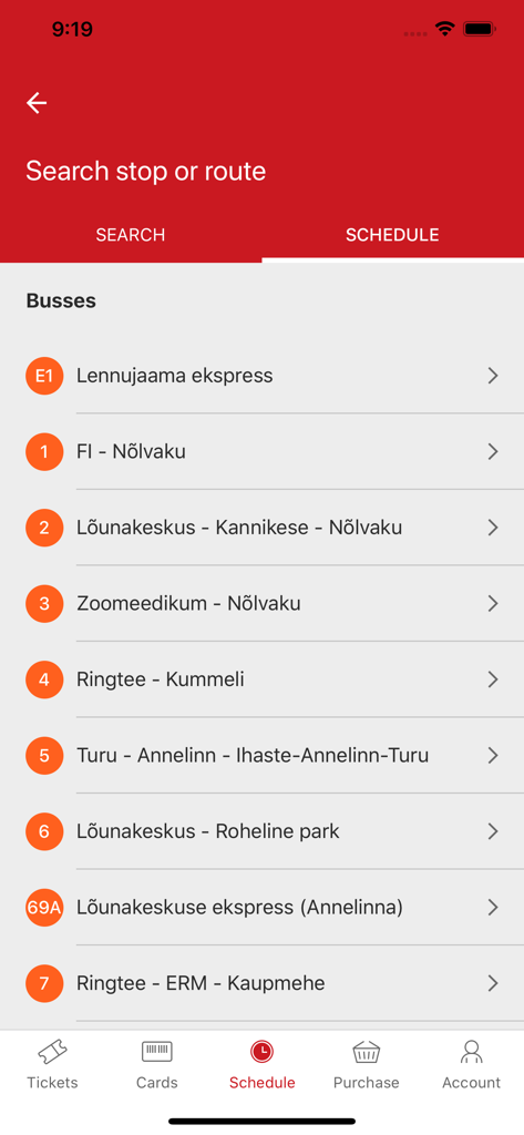 Pilet.ee - A list of bus routes and schedules in the Pilet.ee app