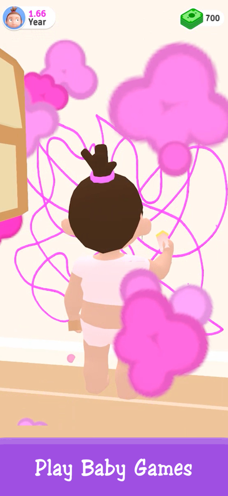 Um personagem infantil rabiscando desenhos cor-de-rosa em uma parede no jogo mobile Simulador de História de Vida.