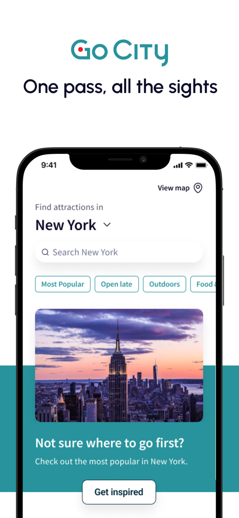 Go City -Travel Plan & Tickets - Interfaccia dell'app Go City che mostra le attrazioni popolari di New York City
