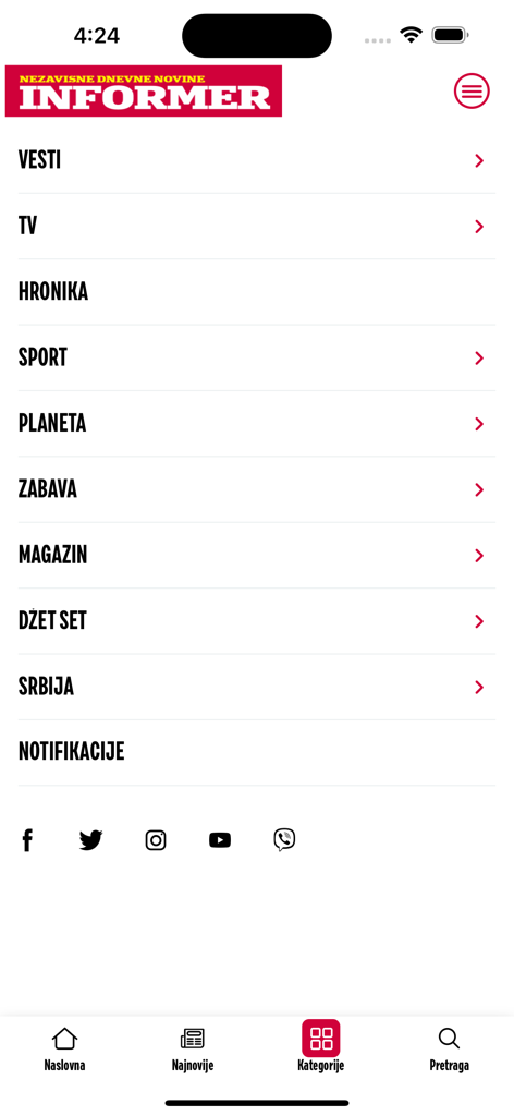 Informer novine - Screen showing news categories in the Informer novine mobile app.