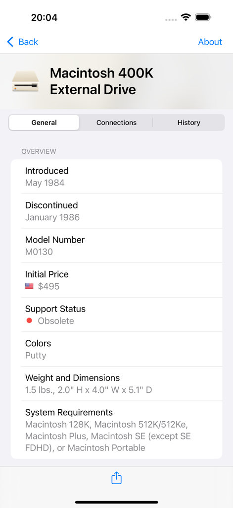 Technical specifications for the Macintosh 400K External Drive in the Mactracker app