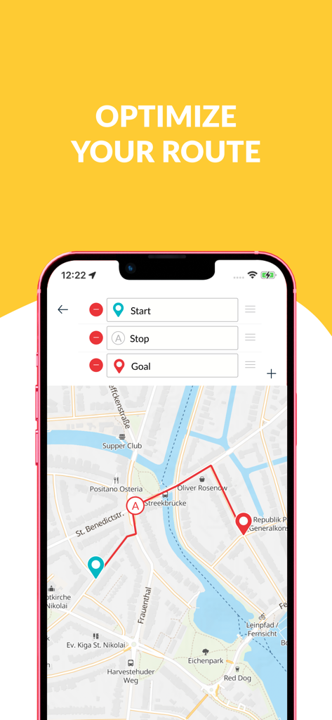 Bike Citizens Cycling App GPS - Smartphone screen showing the Bike Citizens app interface with a multi-stop cycling route planned on an urban map