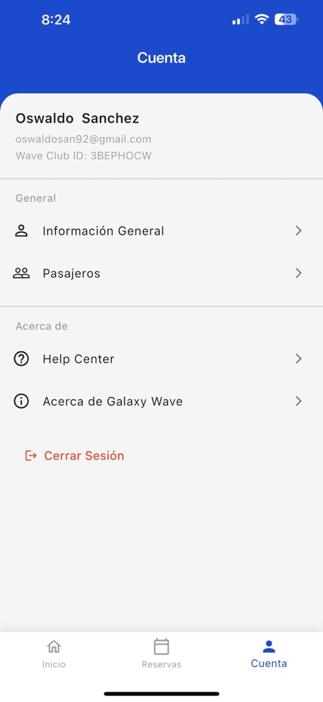 Galaxy Wave App account screen displaying user profile and passenger settings