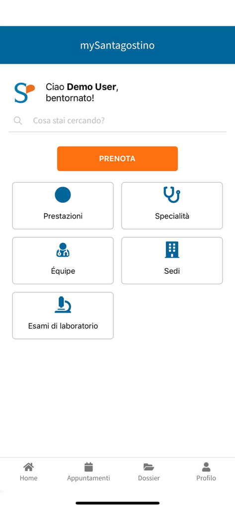 My Santagostino - Home screen of the My Santagostino app showing medical booking options and categories