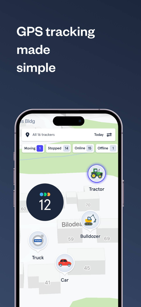 Hapn GPS - Hapn GPS mobile app interface showing real-time location tracking for a fleet of vehicles and equipment