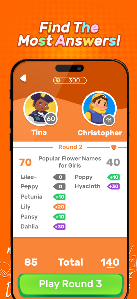 That's so...Trivia - A multiplayer trivia round in That is so Trivia showing scores for flower name categories