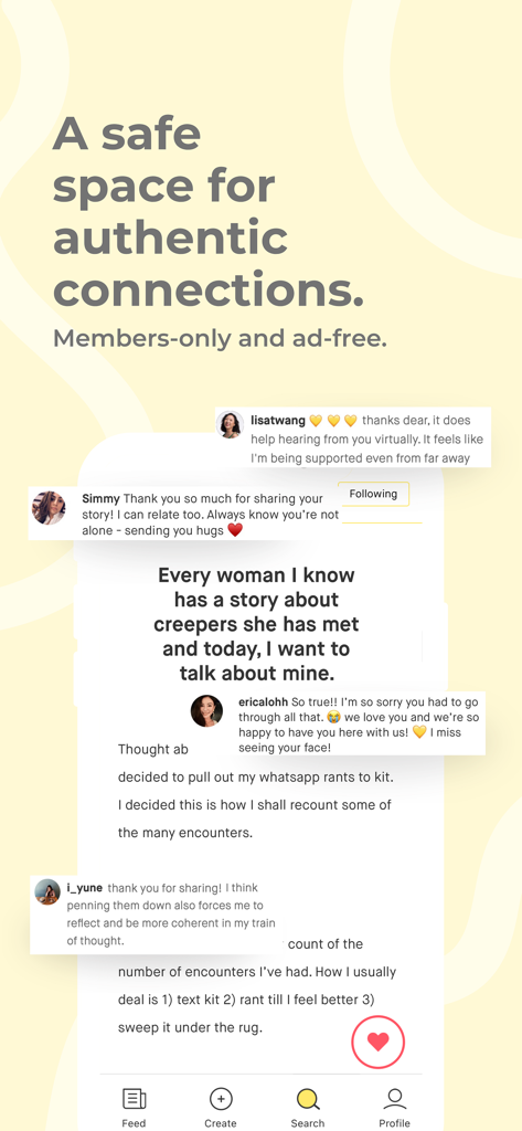 A promotional screen for the Dayre app describing it as a safe space for authentic connections, featuring user posts and supportive community comments.