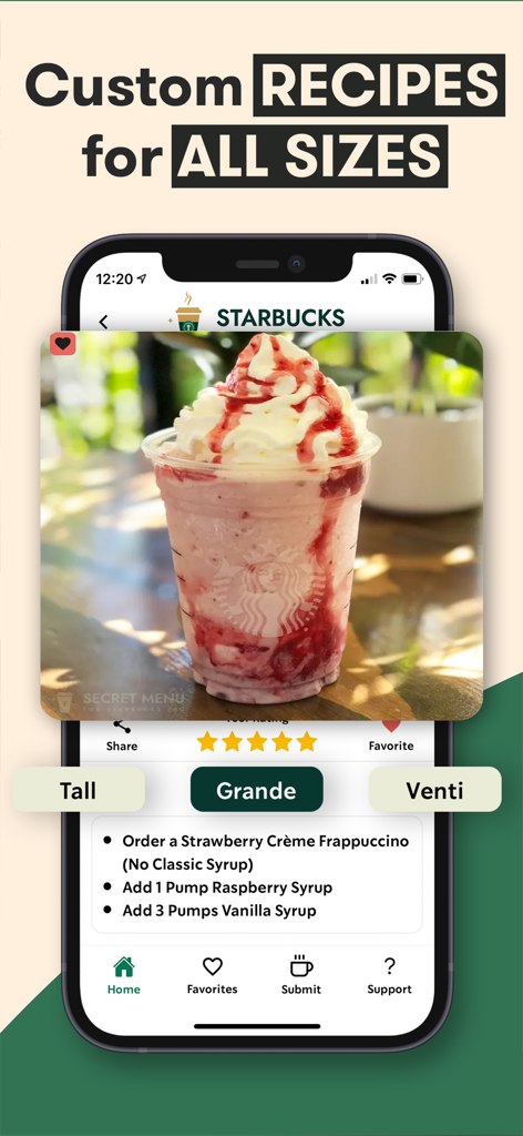 Schermata dell'app mobile che mostra una ricetta personalizzata di frappuccino alla fragola con pulsanti di selezione Tall, Grande e Venti
