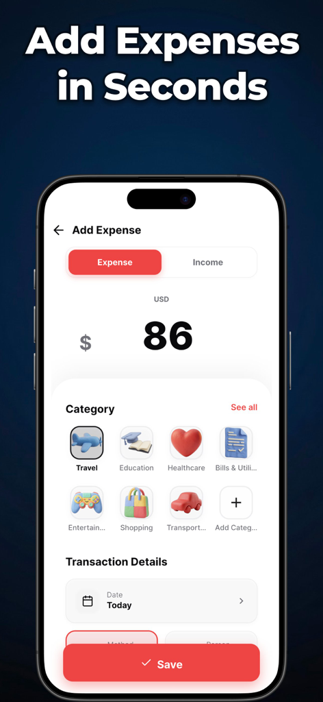 Expense Tracker & Budget - Gli - Glipo mobile app interface for adding a new expense showing category icons and transaction details