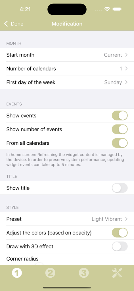 Calendar Widget - Schermata delle impostazioni per personalizzare la visualizzazione del mese dell'aspetto del widget del calendario e i filtri degli eventi