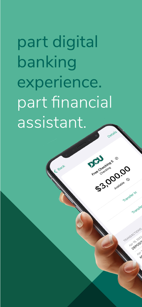 DCU Digital Banking - Hand holding a smartphone displaying the DCU Digital Banking app with a checking account balance