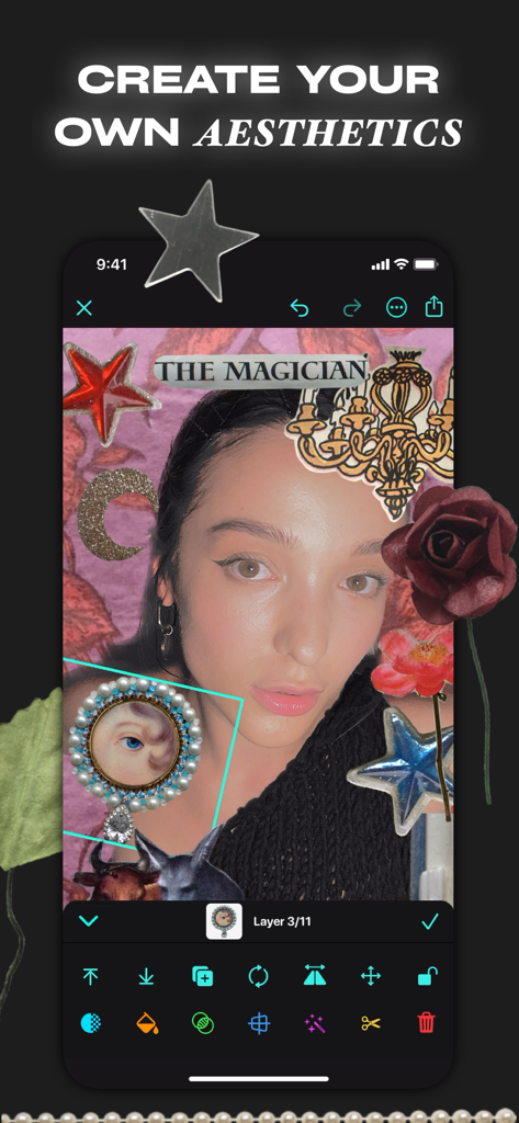 aesthetic photo editor - R4VE - R4VE app interface for creating aesthetic photo collages with stickers and labels