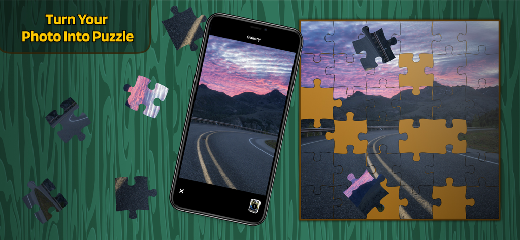Jigsaw Puzzle : Logic Games - Smartphone app interface showing a sunset photo being converted into a digital jigsaw puzzle
